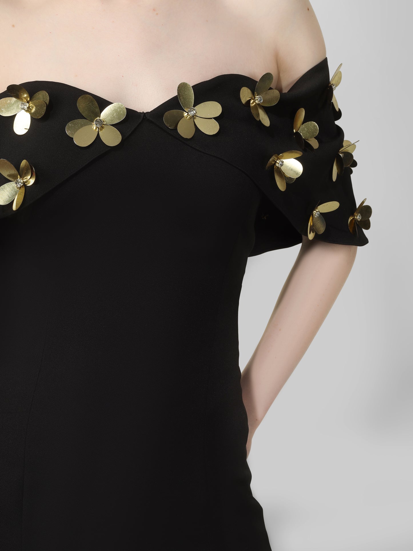 Black Off-Shoulder Embellished Midi Dress