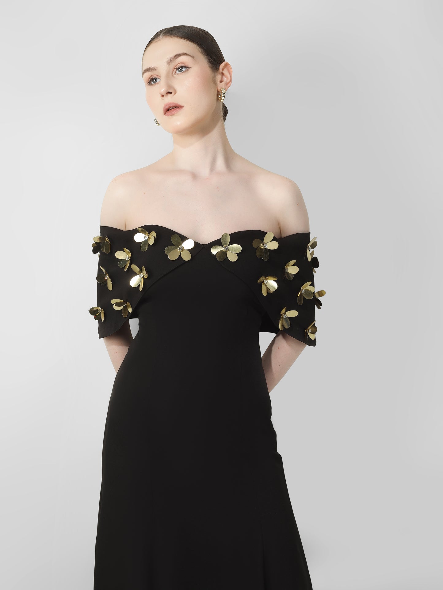 Black Off-Shoulder Embellished Midi Dress