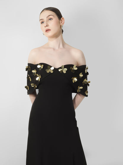 Black Off-Shoulder Embellished Midi Dress