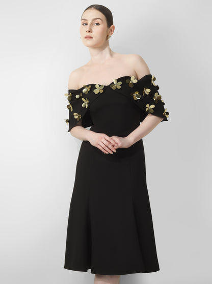 Black Off-Shoulder Embellished Midi Dress