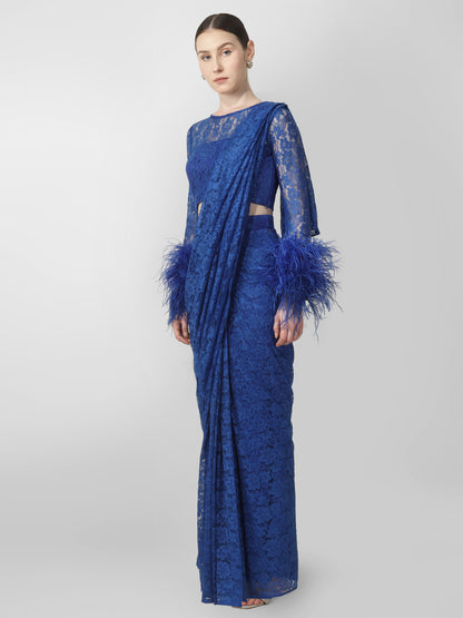Royal Blue Lace Drape Saree Set with Feather Cuffs