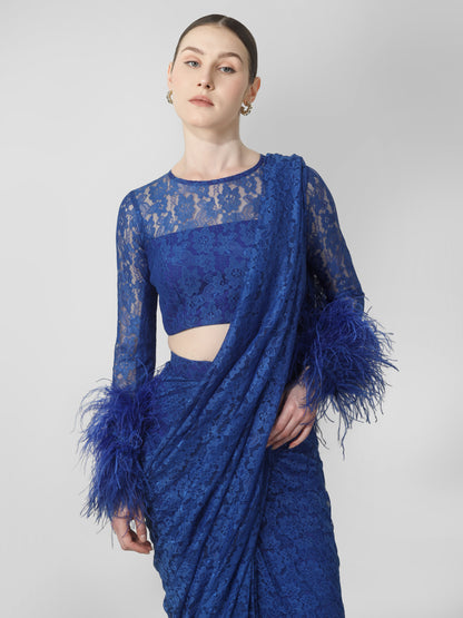 Royal Blue Lace Drape Saree Set with Feather Cuffs