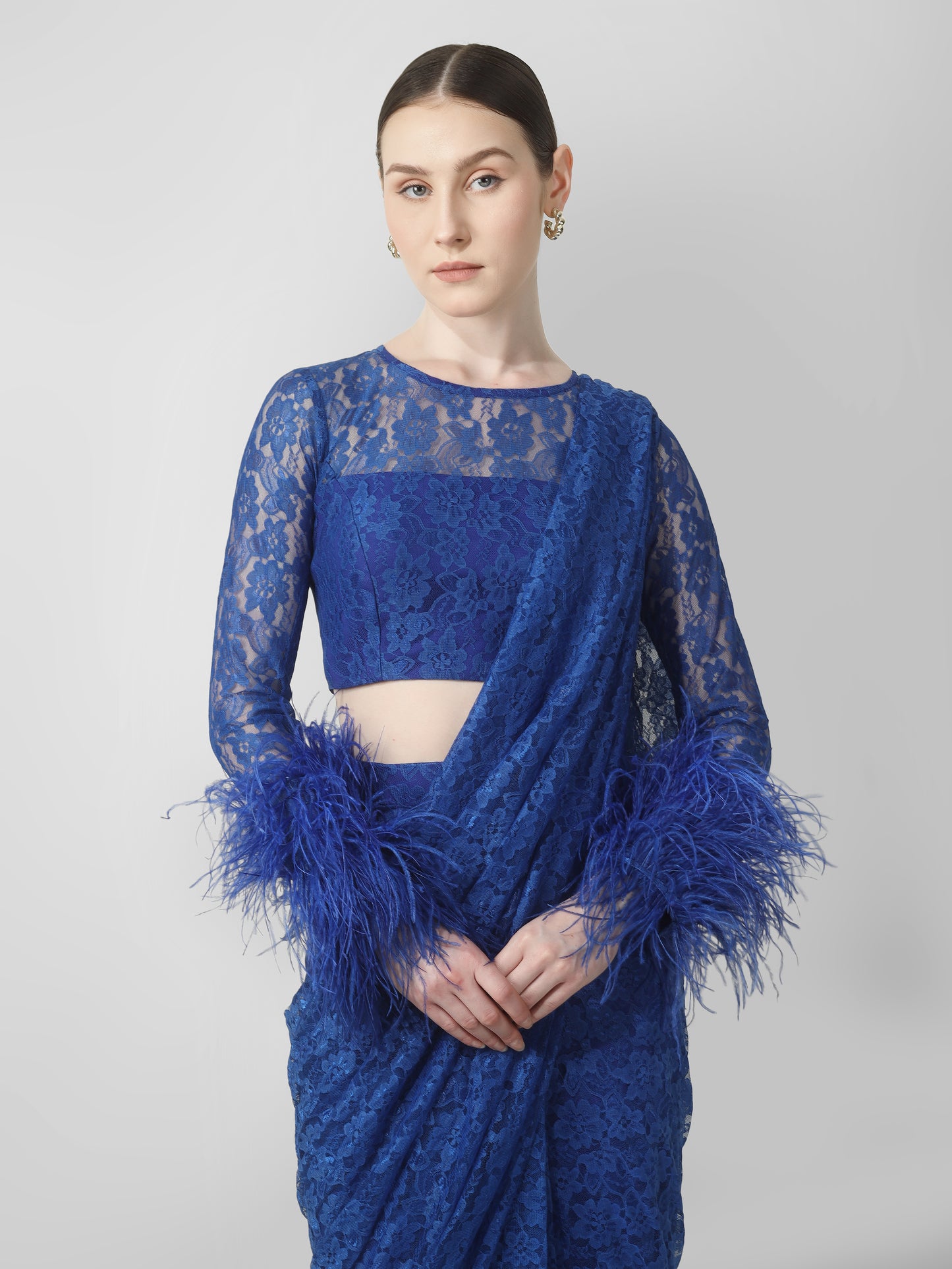 Royal Blue Lace Drape Saree Set with Feather Cuffs