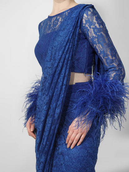 Royal Blue Lace Drape Saree Set with Feather Cuffs