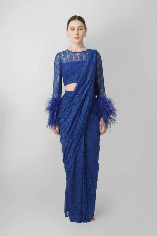 Royal Blue Lace Drape Saree Set with Feather Cuffs