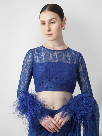 Royal Blue Lace Drape Saree Set with Feather Cuffs