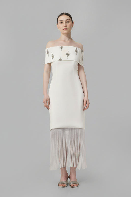 Ivory Off-Shoulder Fringe Midi Dress
