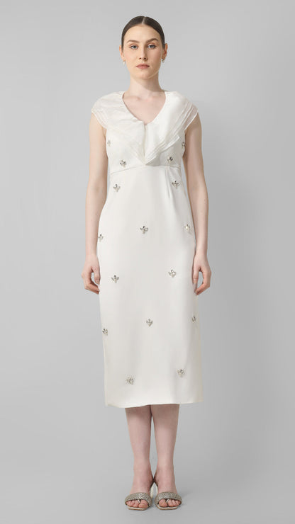Ivory Embellished Midi Dress with Draped Neckline