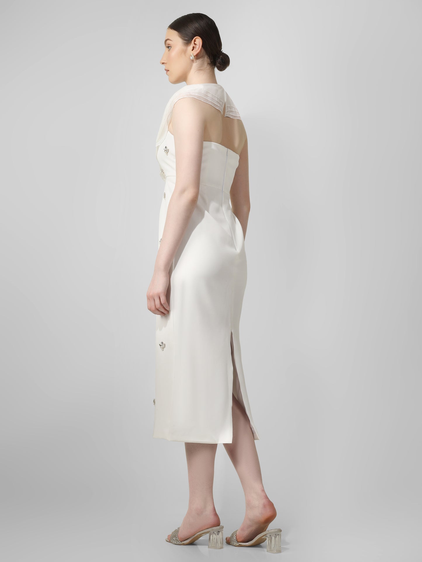 Ivory Embellished Midi Dress with Draped Neckline