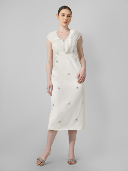 Ivory Embellished Midi Dress with Draped Neckline