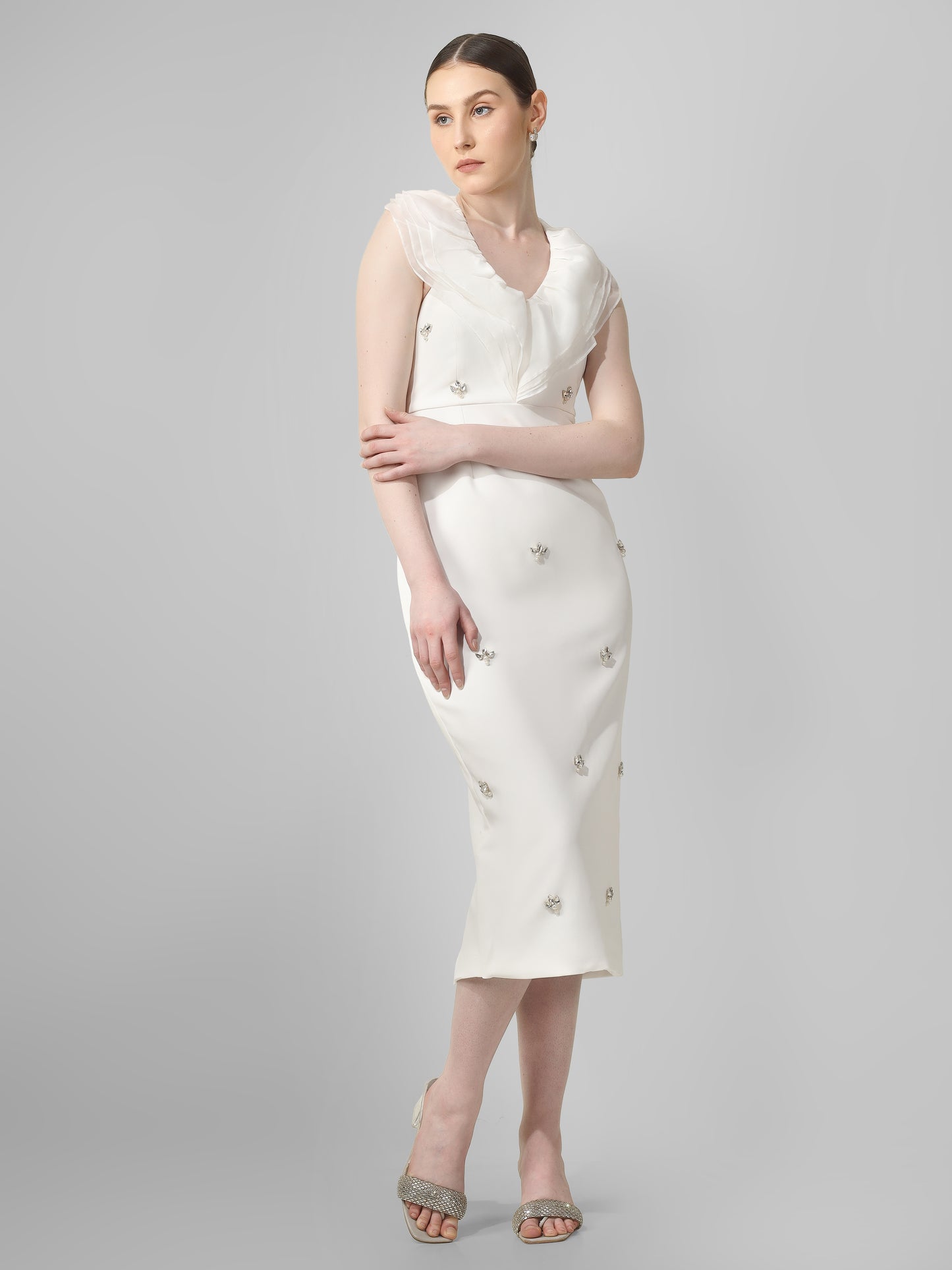Ivory Embellished Midi Dress with Draped Neckline