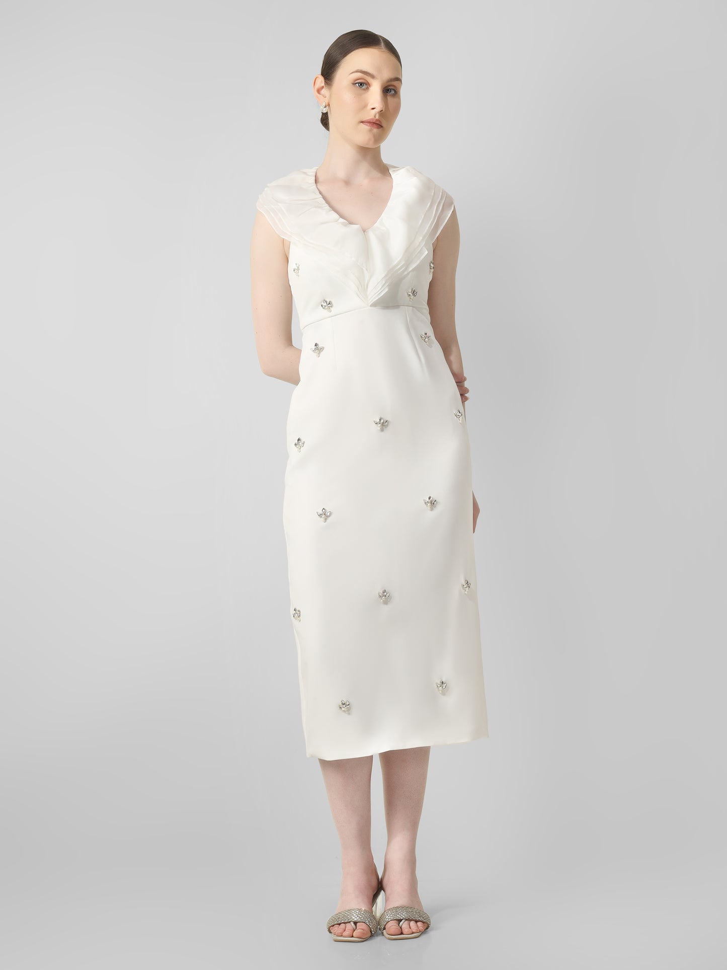Ivory Embellished Midi Dress with Draped Neckline