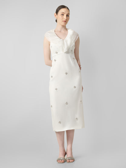 Ivory Embellished Midi Dress with Draped Neckline