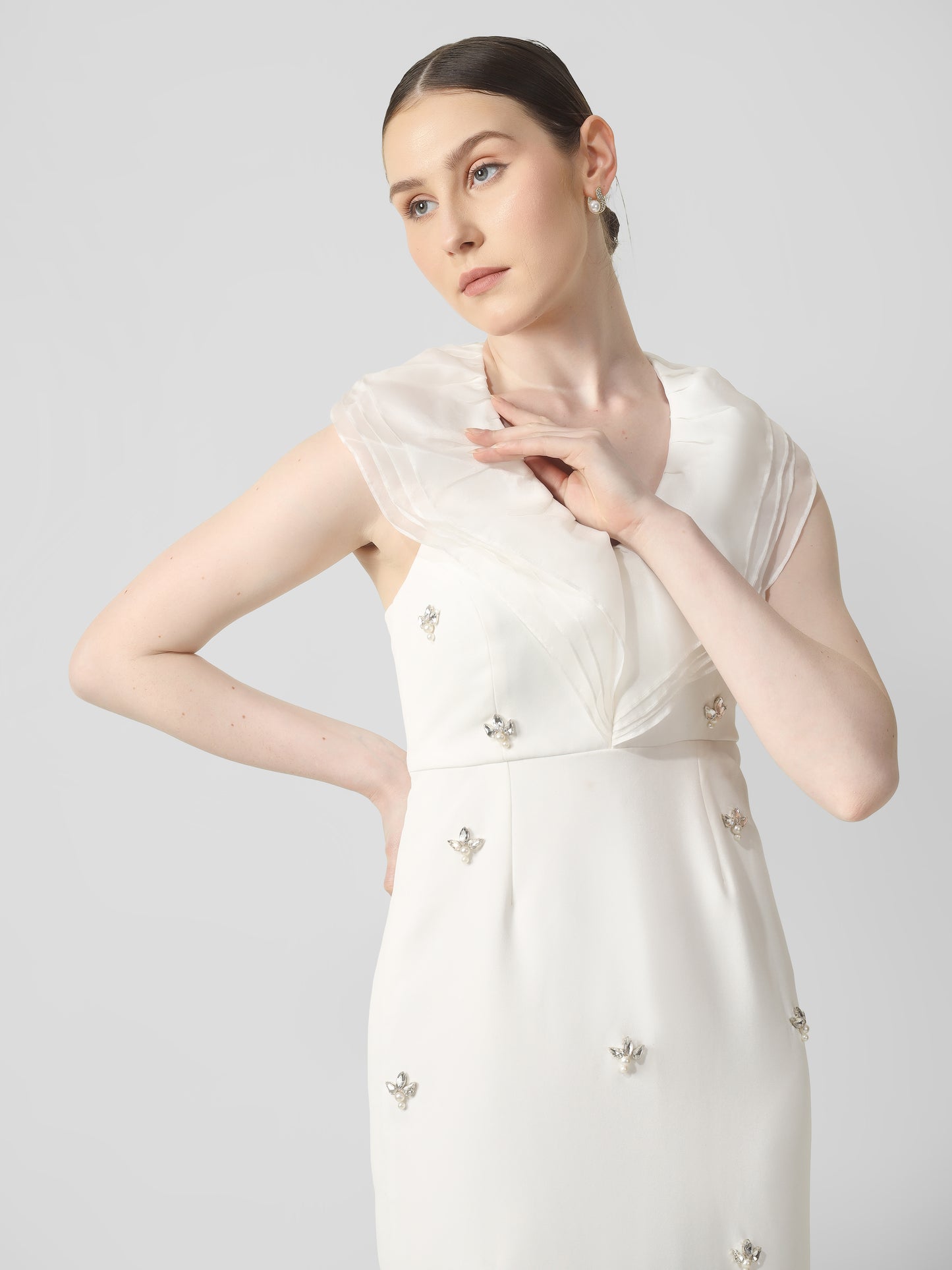 Ivory Embellished Midi Dress with Draped Neckline