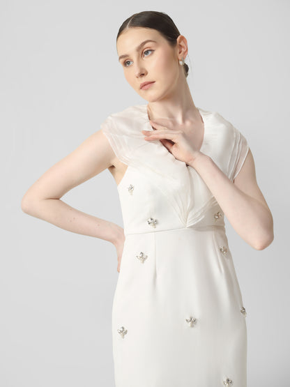 Ivory Embellished Midi Dress with Draped Neckline