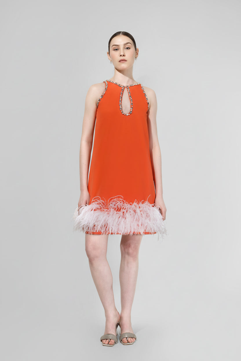 Tangerine Feather Hem Mini Dress