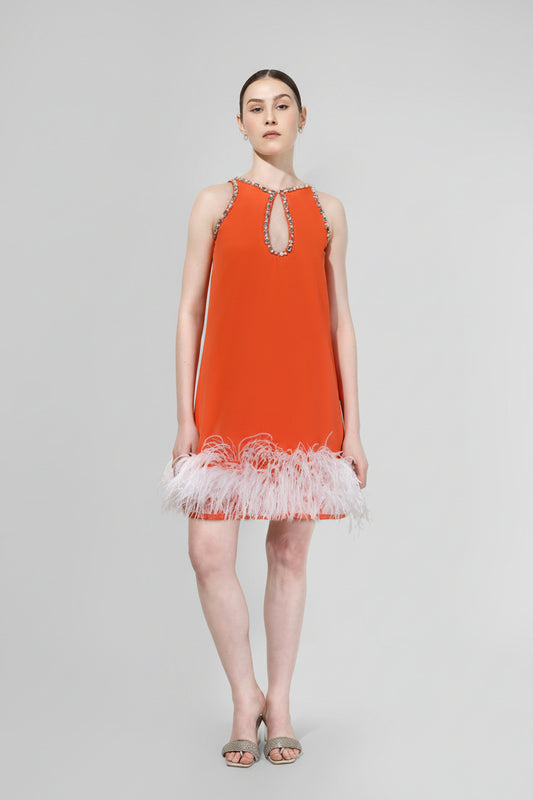 Tangerine Feather Hem Mini Dress