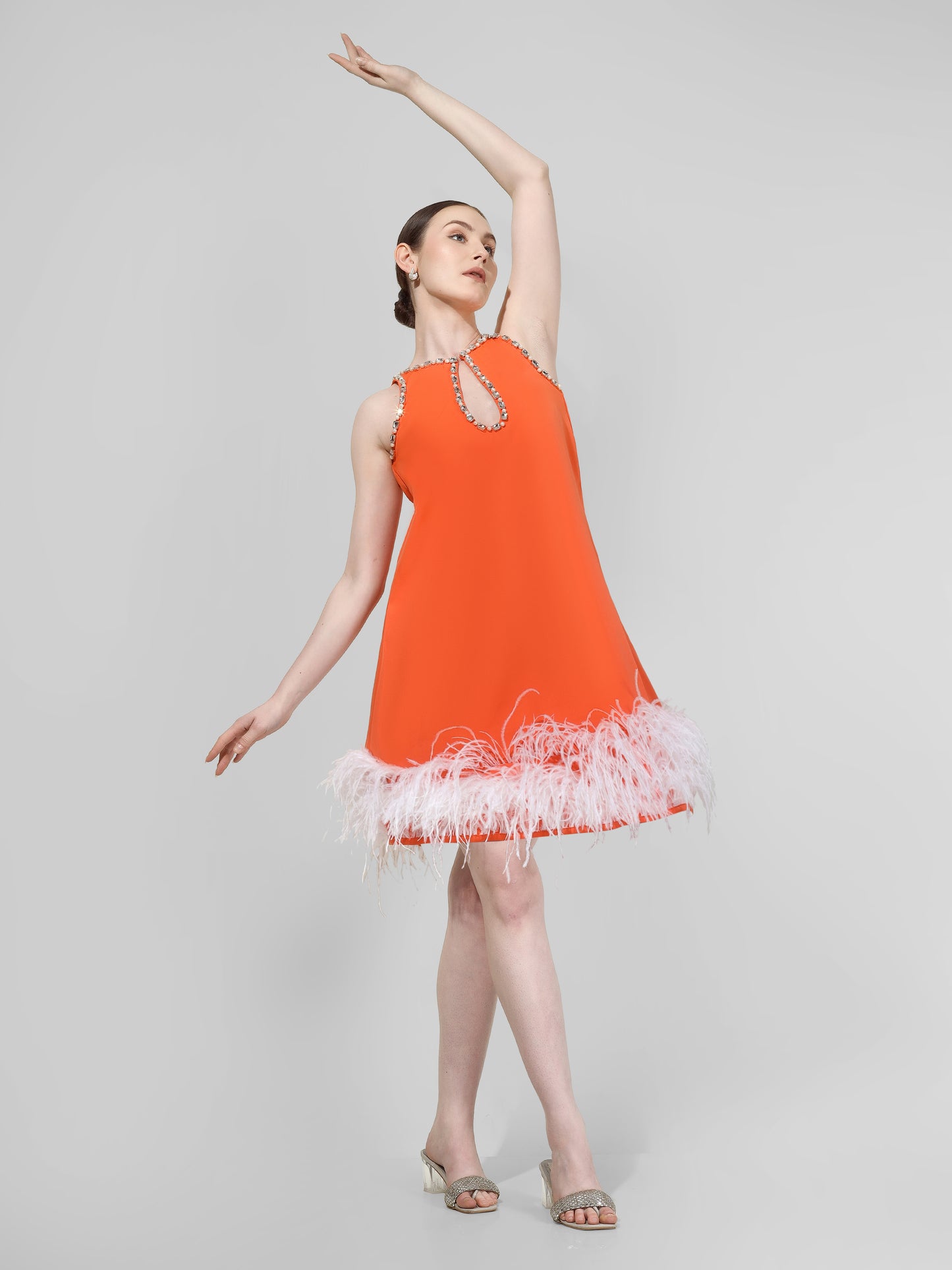 Tangerine Feather Hem Mini Dress