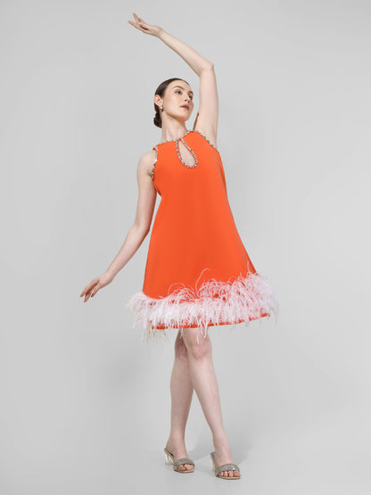 Tangerine Feather Hem Mini Dress