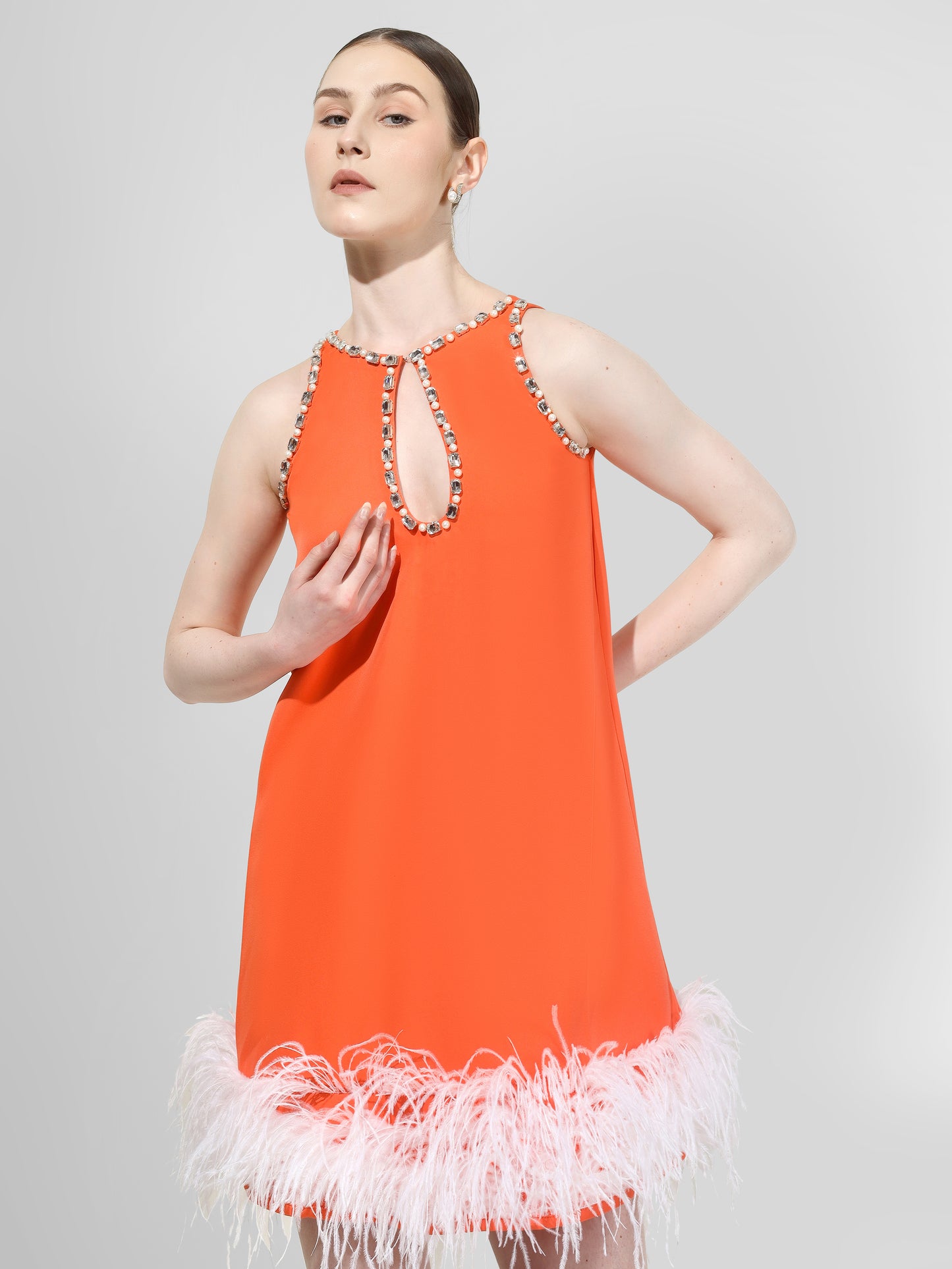 Tangerine Feather Hem Mini Dress
