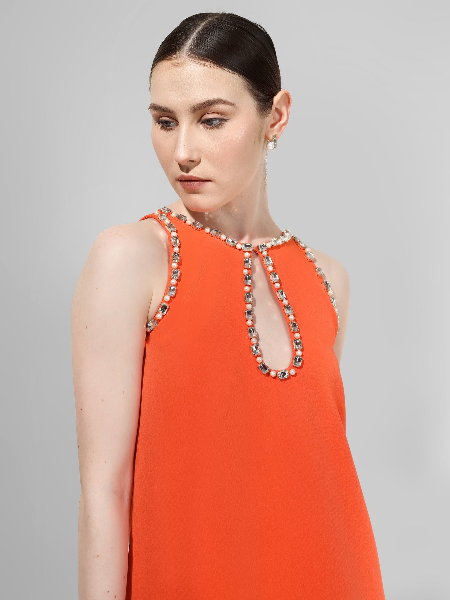 Tangerine Feather Hem Mini Dress