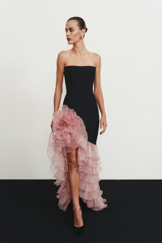 Strapless Black Gown with Ruffled Rose Detail