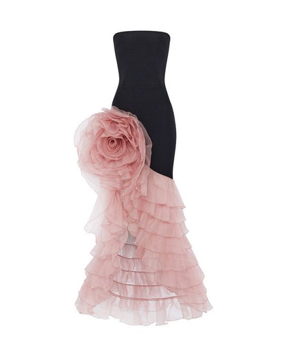 Strapless Black Gown with Ruffled Rose Detail