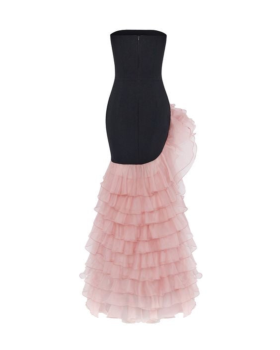 Strapless Black Gown with Ruffled Rose Detail