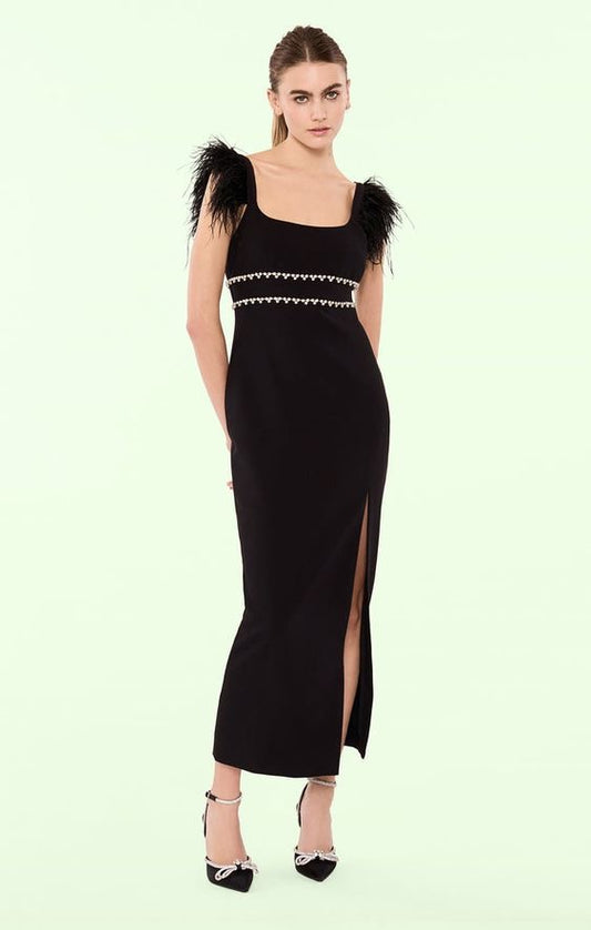 Feathered Elegance Embellished Black Gown