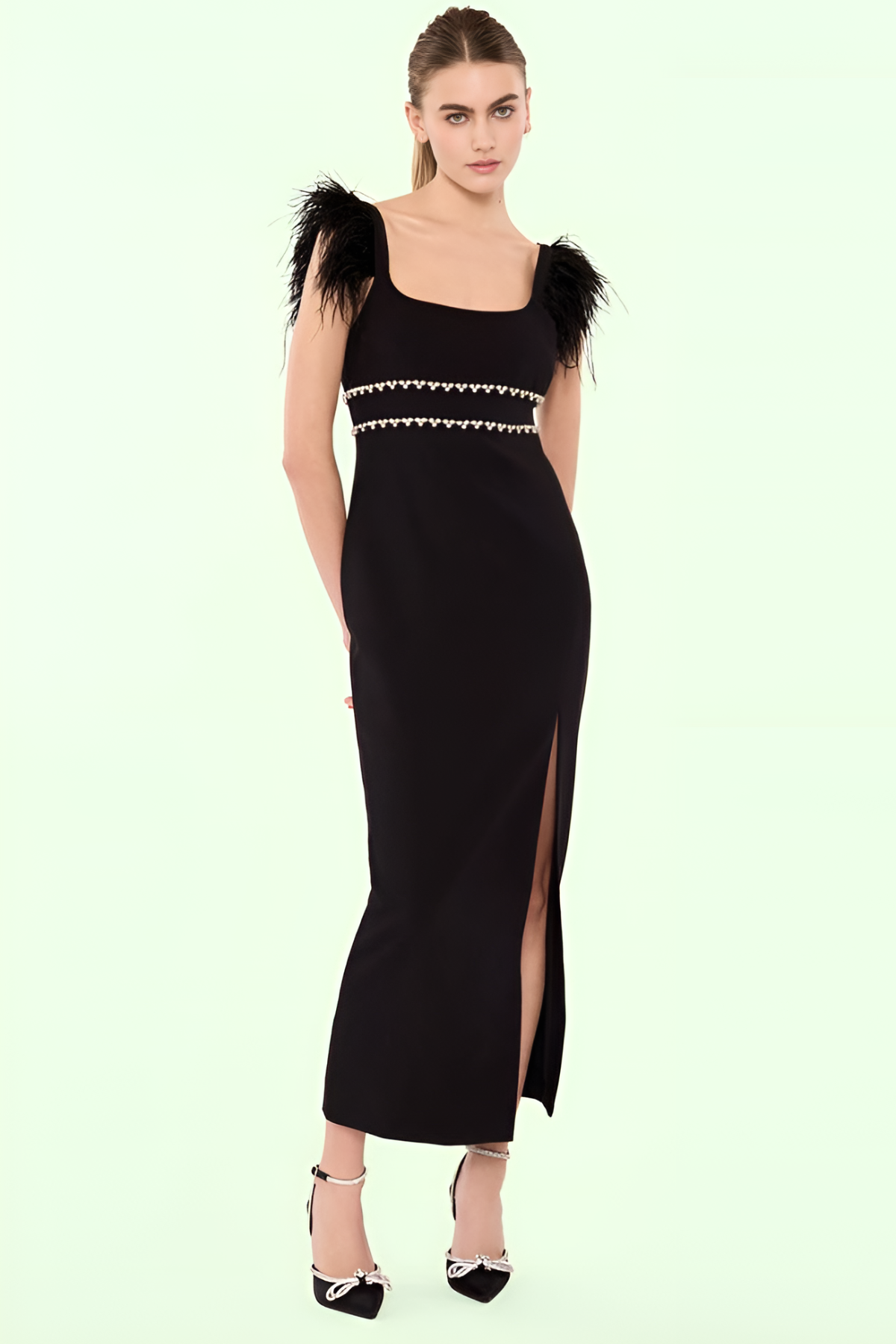 Feathered Elegance Embellished Black Gown