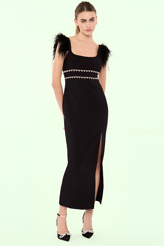 Feathered Elegance Embellished Black Gown