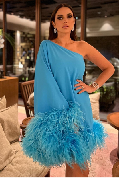Turquoise Off-Shoulder Feather Dress