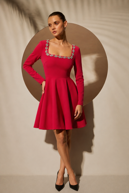 Red Embellished Fit & Flare Dress