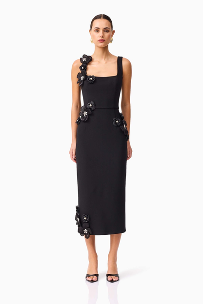 Flower Appliqué Embellished Midi Dress