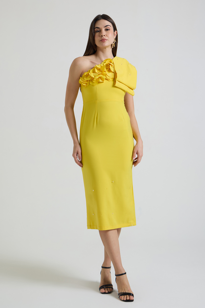 Yellow One-shoulder Petal Bow Falling Dress