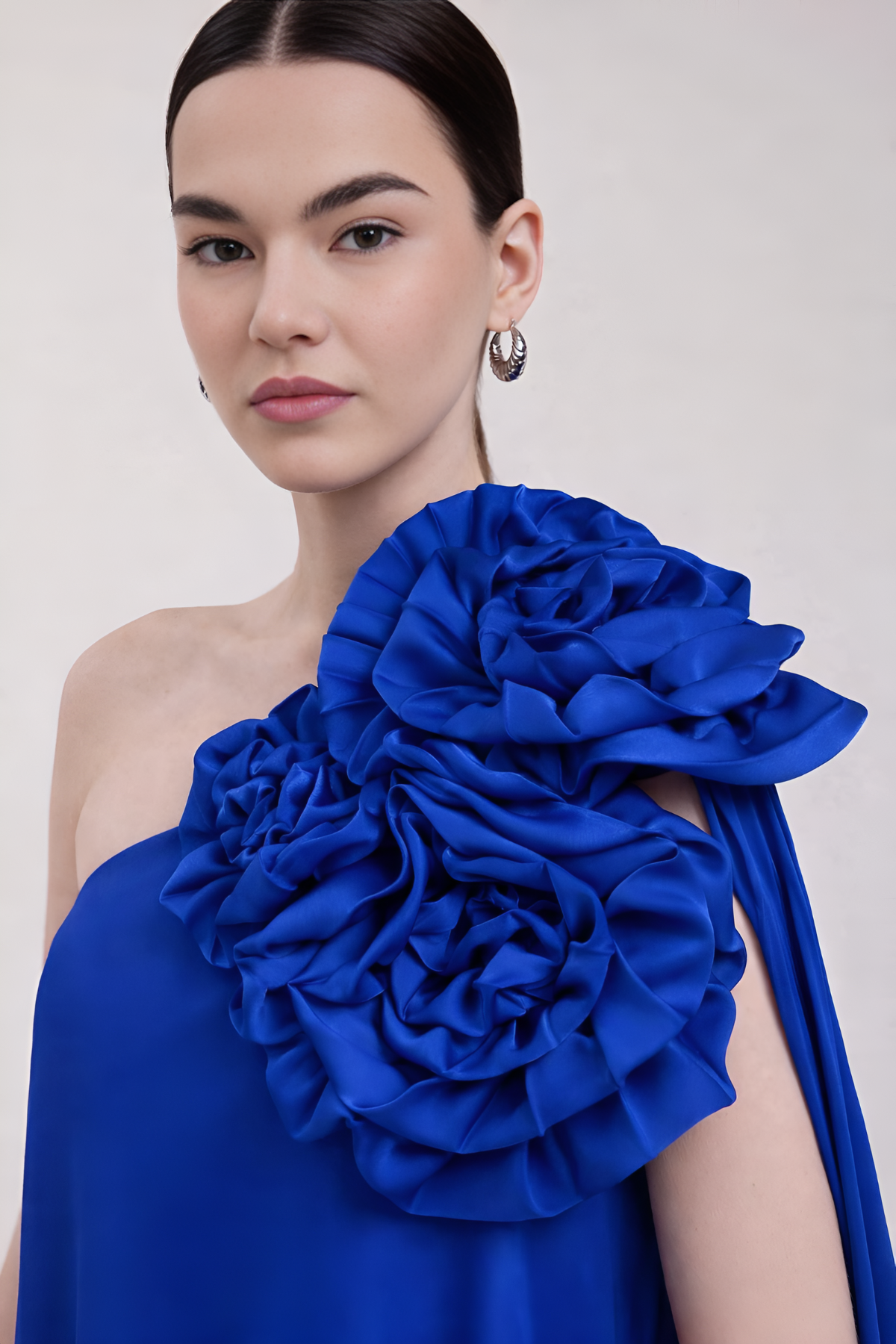 Royal Blue One-Shoulder Floral Drape Gown