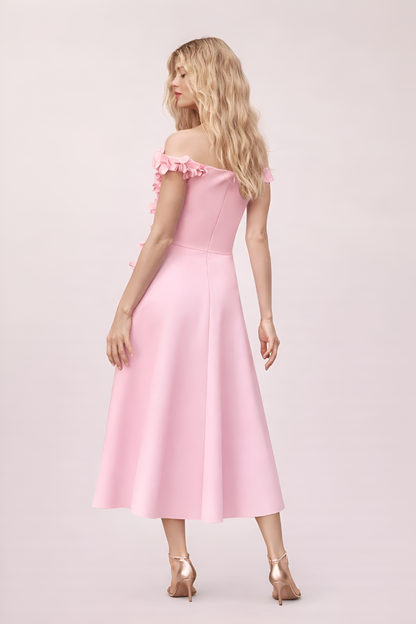 Baby Pink Off-Shoulder Floral Midi Dress