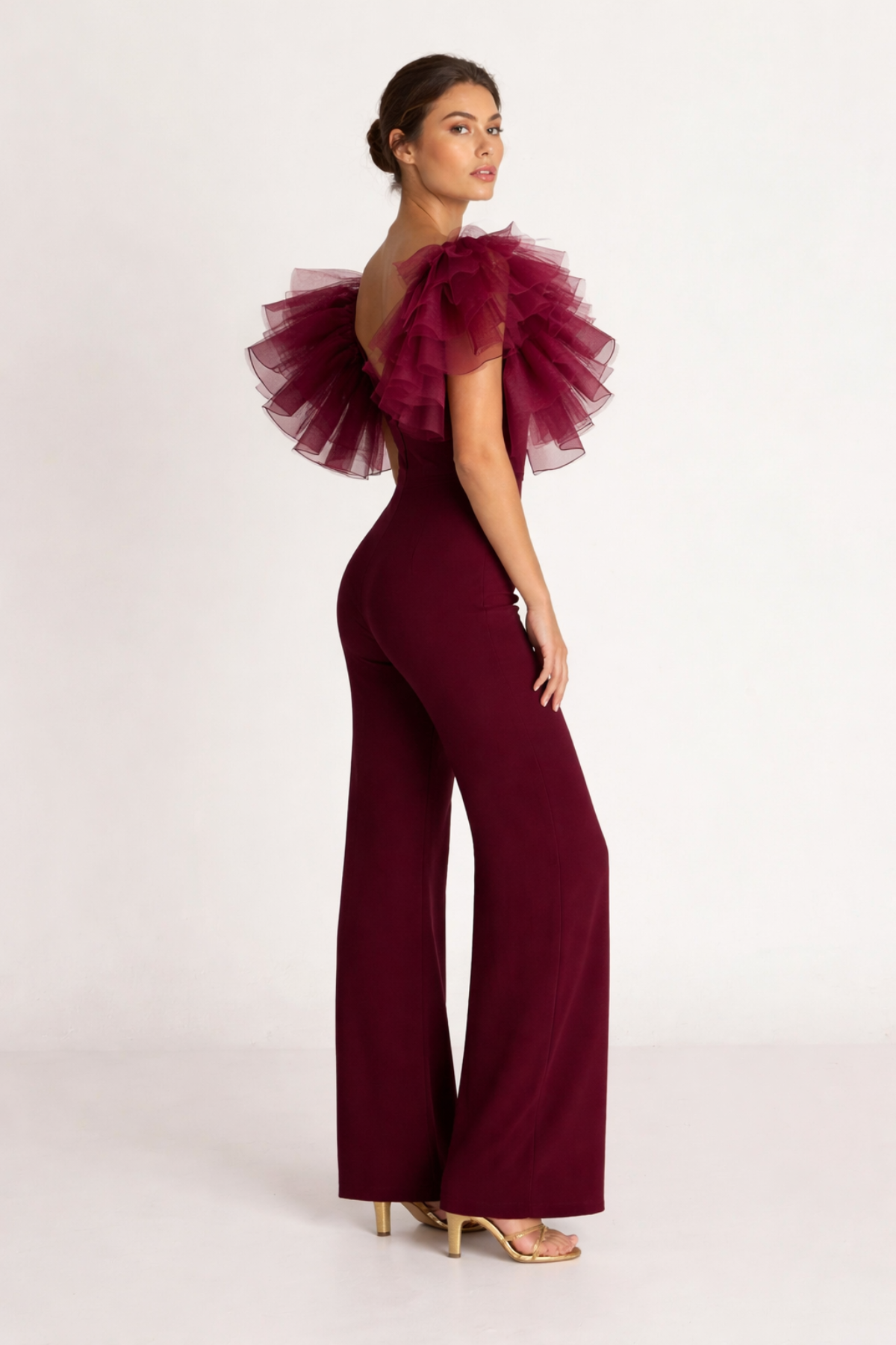 Burgundy Ruffle-Shoulder Statement Jumpsuit