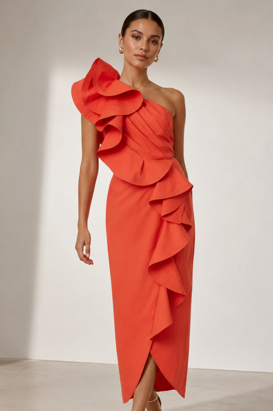 One-Shoulder Ruffle Midi Dress