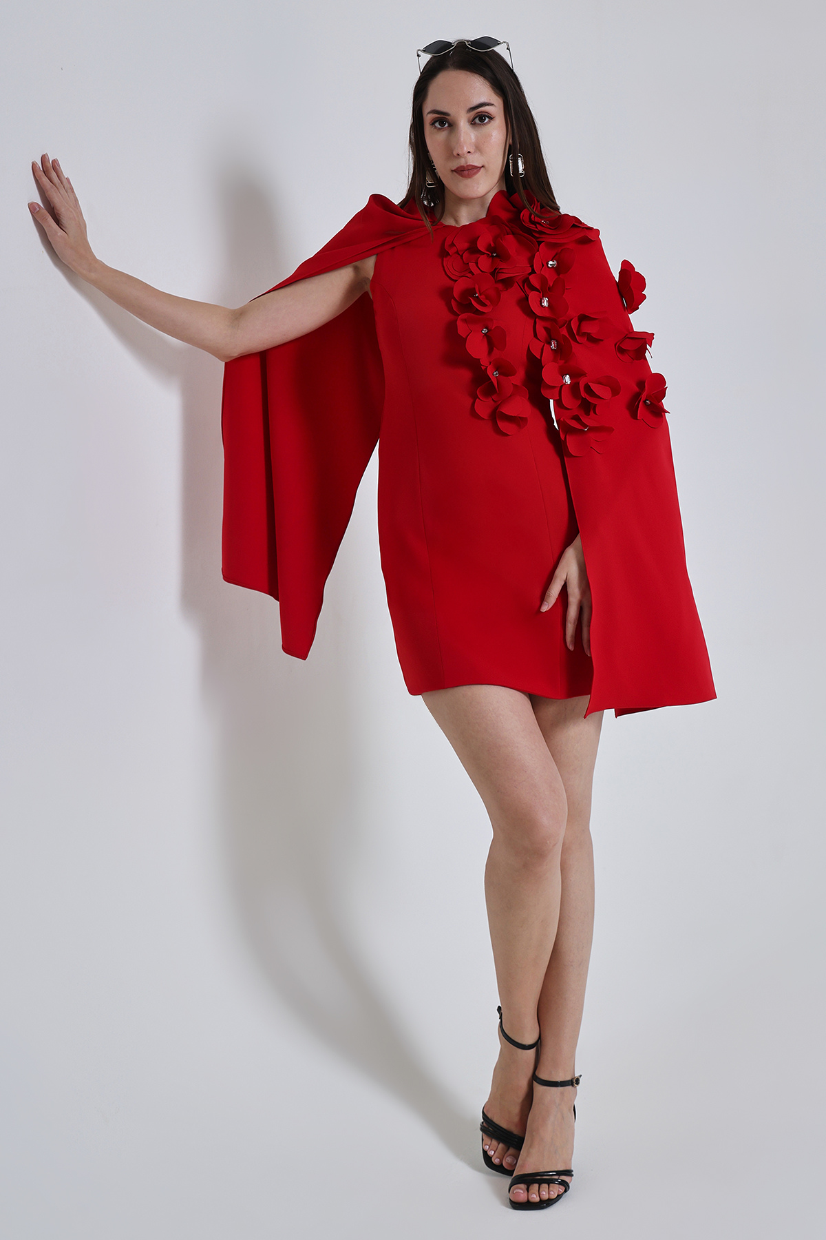 Red Petal Embellished Cape Dress
