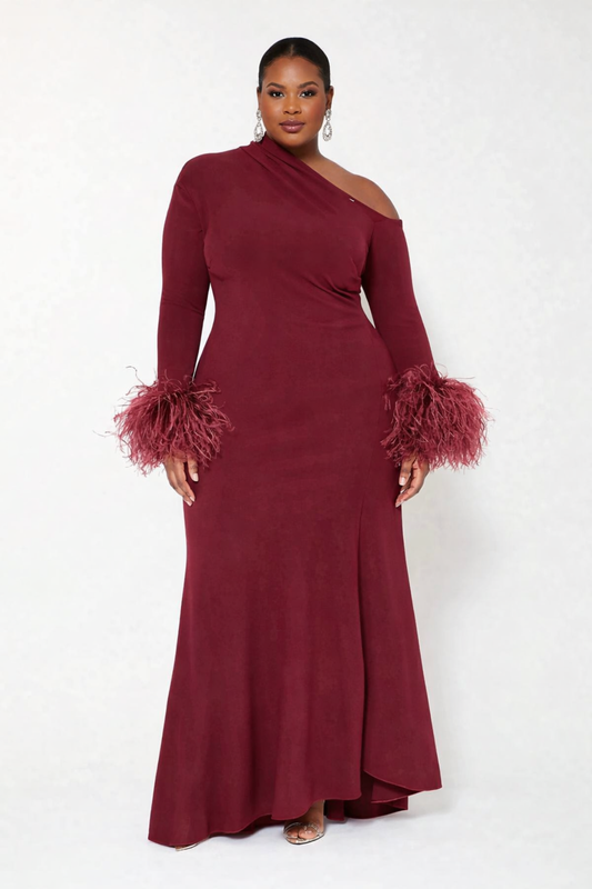 Statement One-Shoulder Feather Sleeve Gown