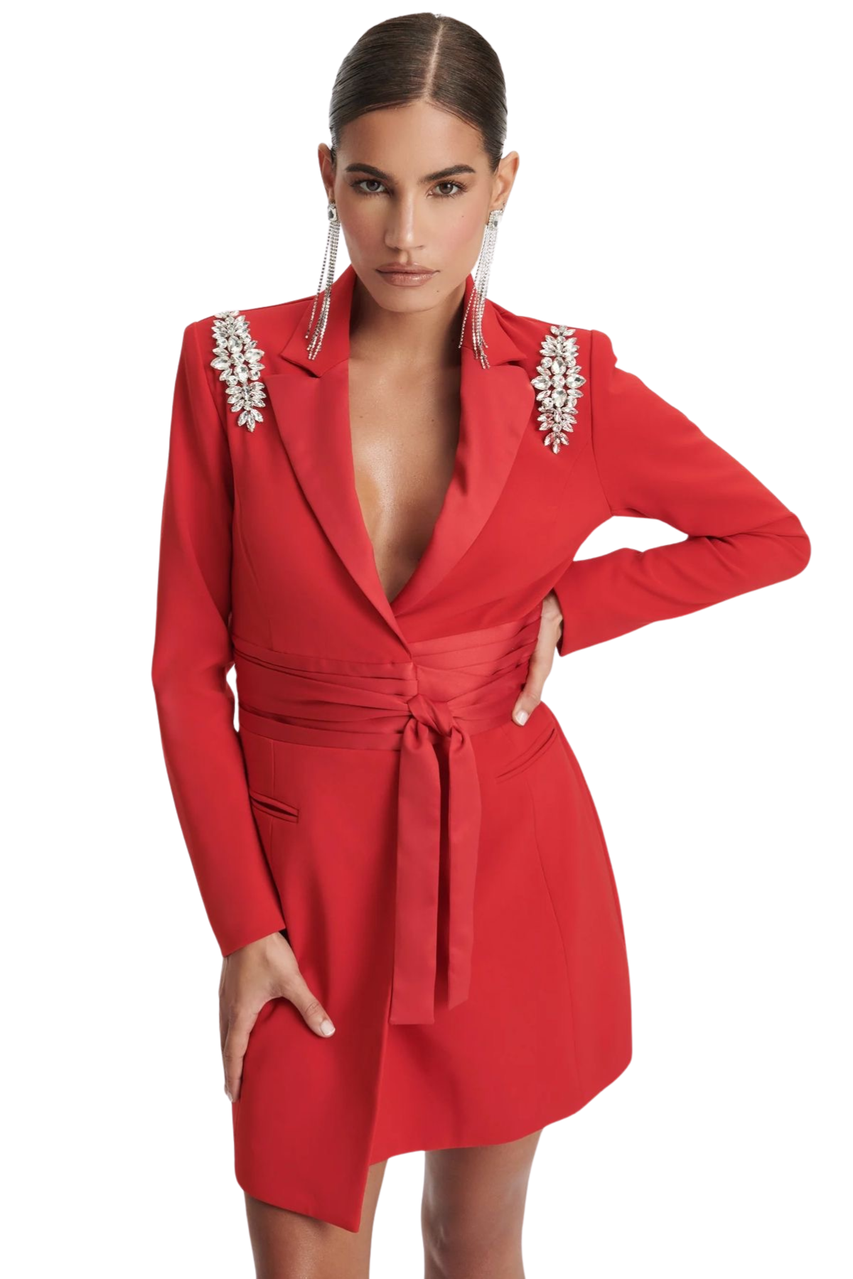 Red Majesty Embellished Waist-Tie Dress