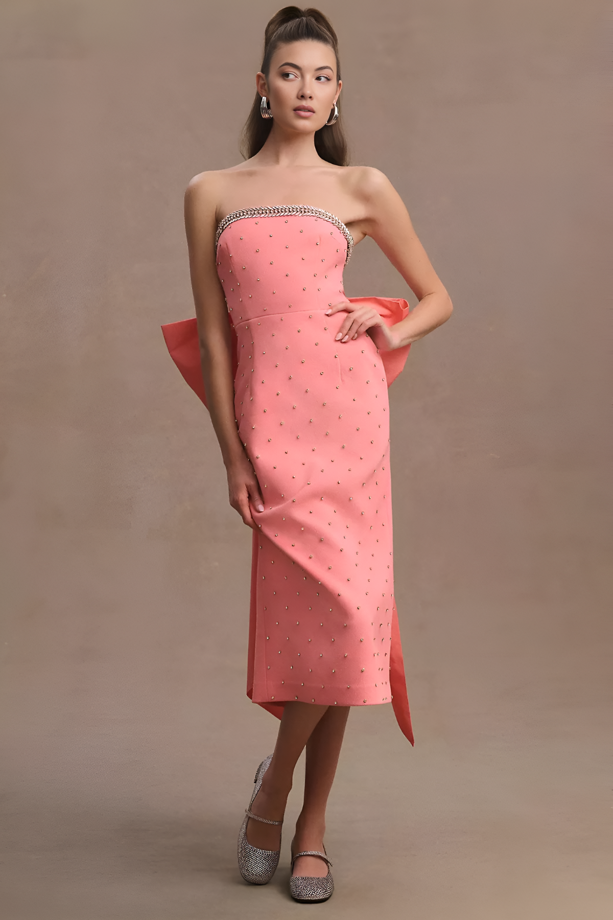 Peach Elegance Embellished Bow Dress