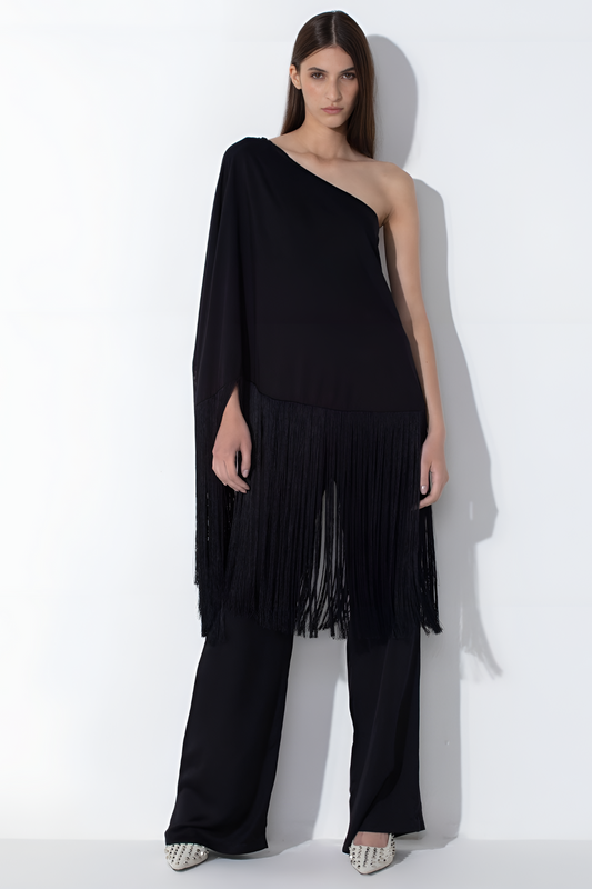 Black One-shoulder fringe coordinate set