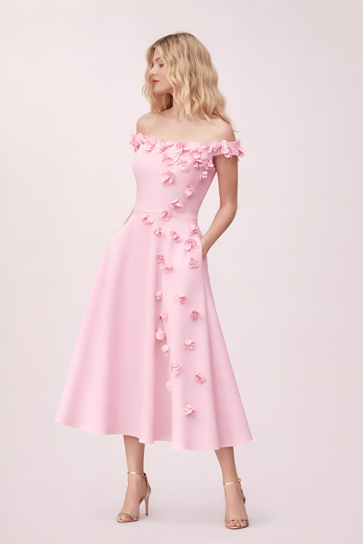 Baby Pink Off-Shoulder Floral Midi Dress