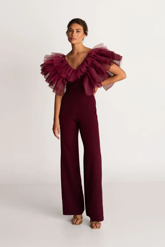 Burgundy Ruffle-Shoulder Statement Jumpsuit