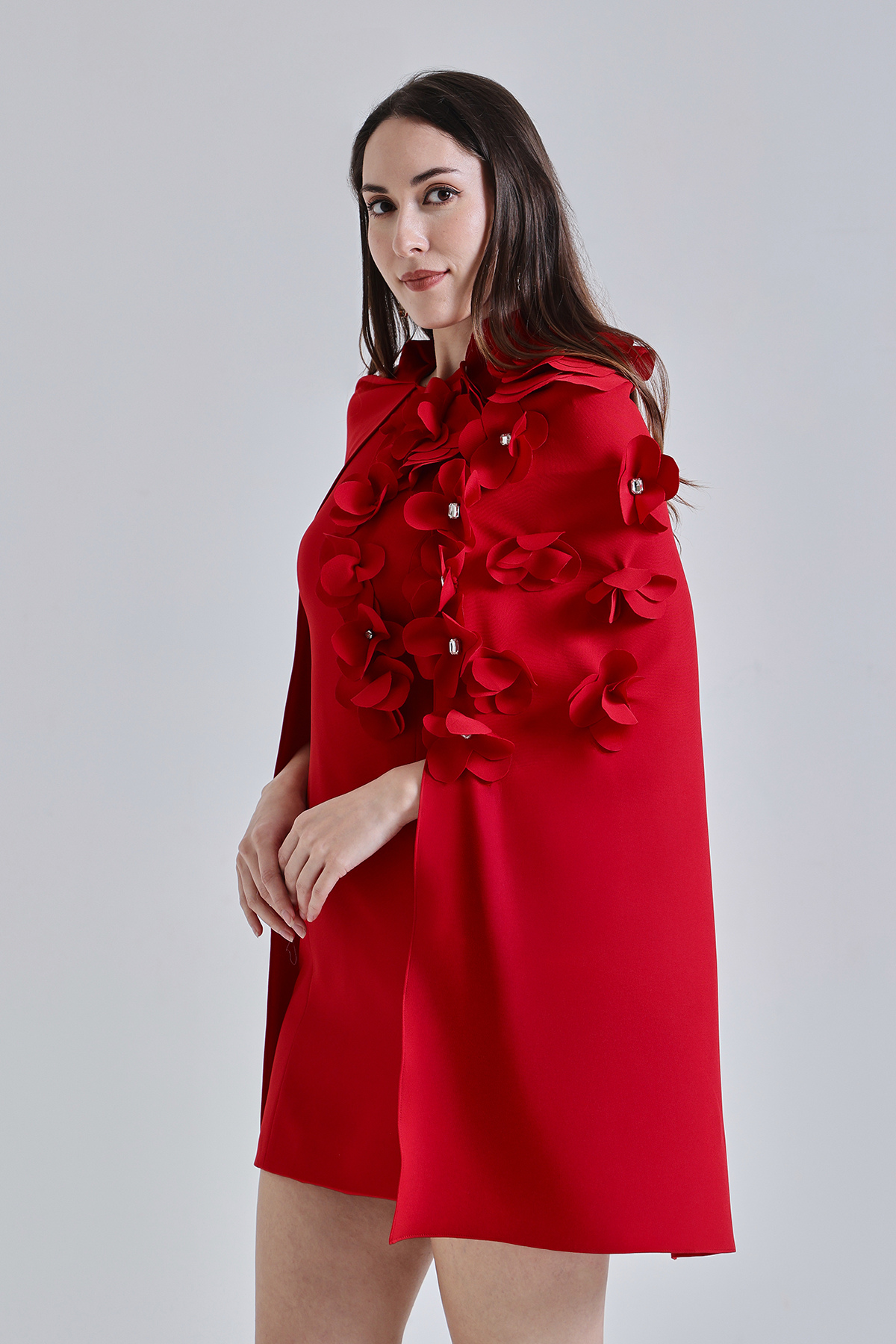 Red Petal Embellished Cape Dress