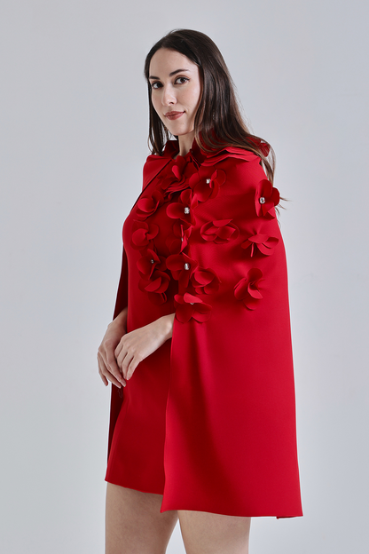 Red Petal Embellished Cape Dress