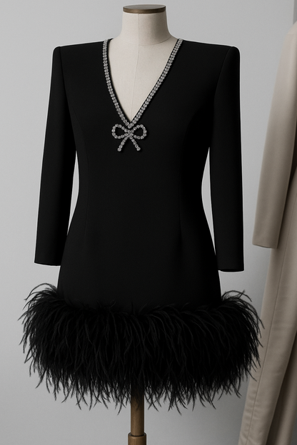 Rhinestone bow embellished feather dress