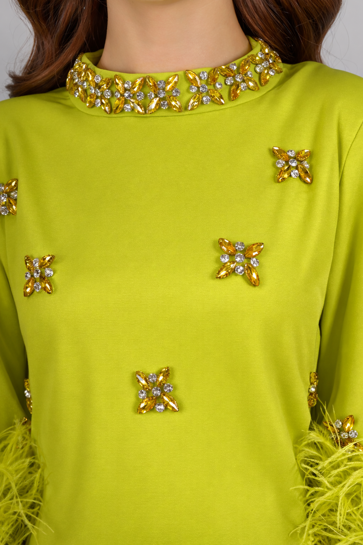 Megha Chawla in Lime Luxe Embellish Feather Dress